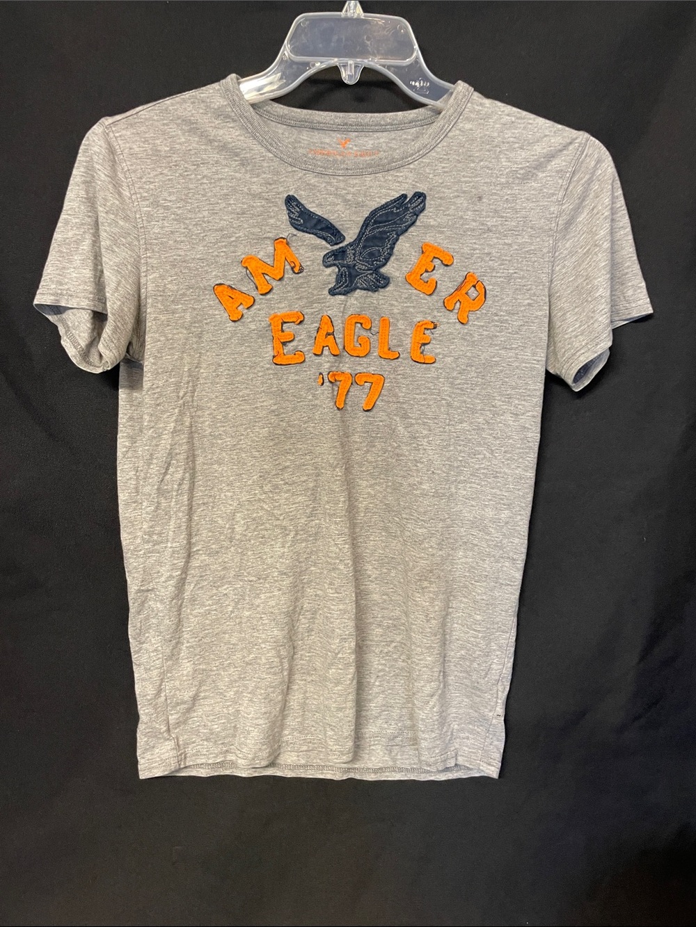 American Eagle Outfitters Gray Tee with Orange Lettering and Navy Eagle